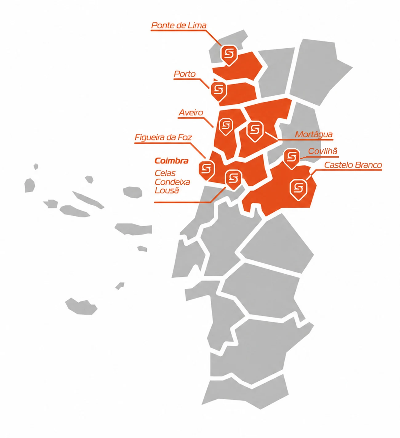 Mapa de Portugal com a presença das lojas Switch Technology assinalada
